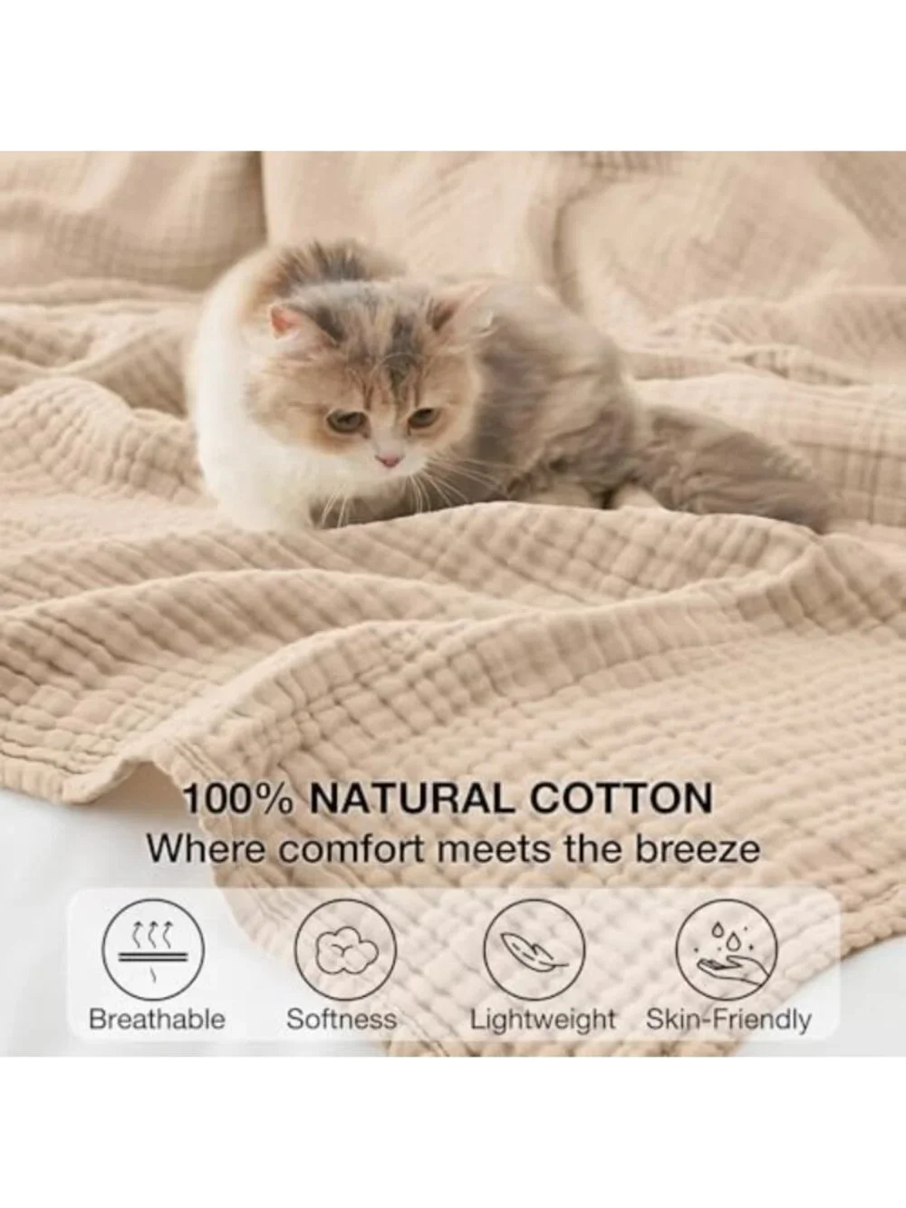 Cozy 100% Cotton Muslin Throw Blanket, 6-Layer, 50x60, Soft Beige Home Decor